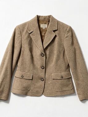 LL Bean Womens Petite M Wool Silk Tweed Blazer Brown Donegal Countrywear Jacket